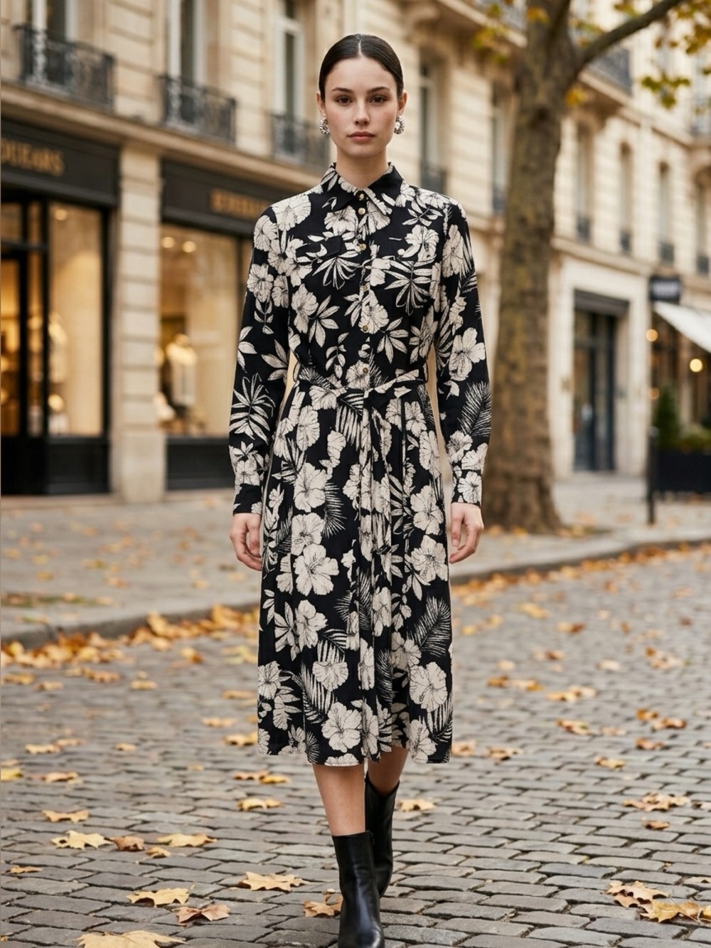 PINKO Assente Shirt Dress Size 4 Black Floral Jacquard Midi